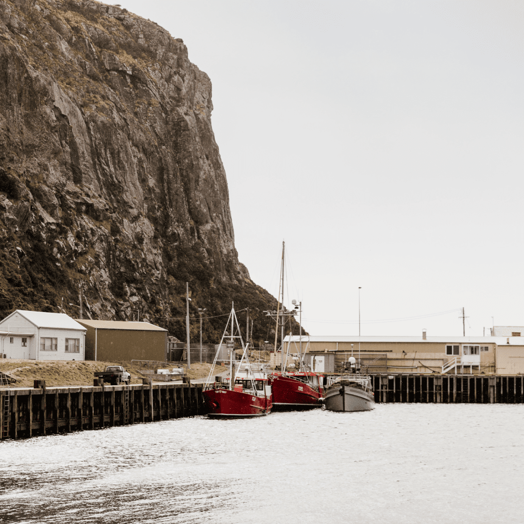 A port with some small boats next to a large cliff