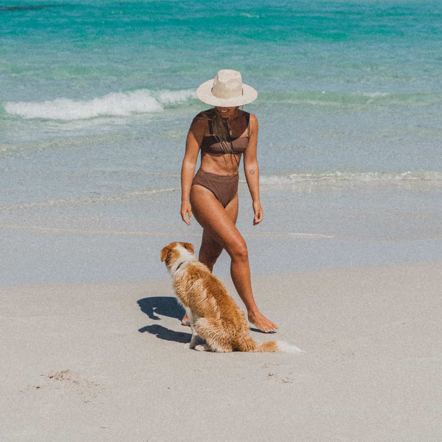 Kendall walking along the beach with her dog
