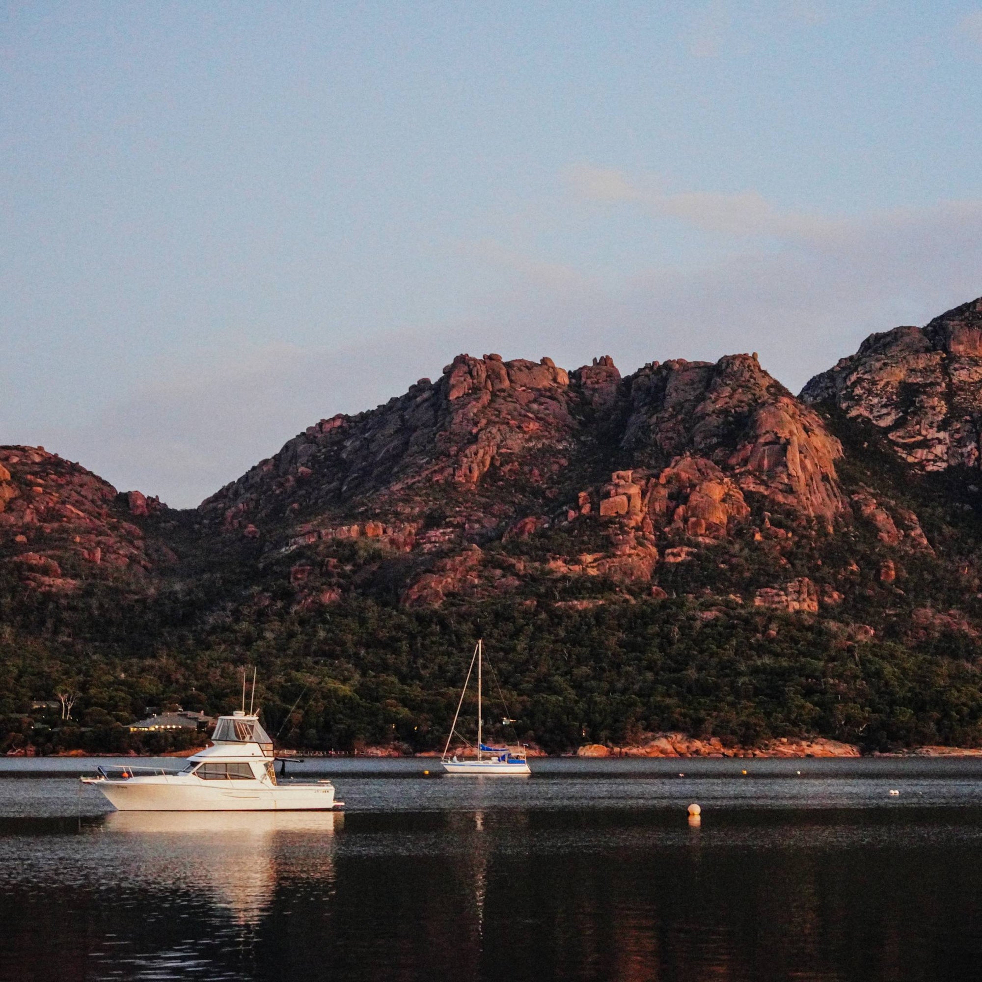 Small yachts anchored in a harbour with a large rocky mountain in the background in Tasmania