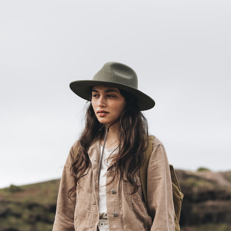 Woman with long hair wearing a wide brim wool hat